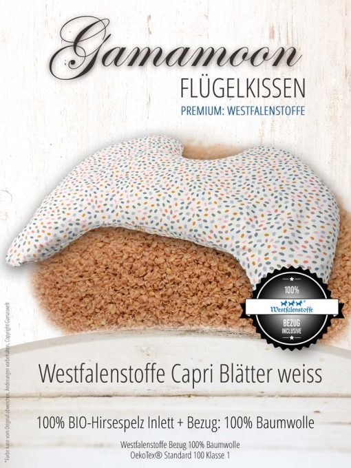 Flügelkissen Capri Blätter weiss mit Westfalenstoffe Bezug Bio Hirsespelzkissen