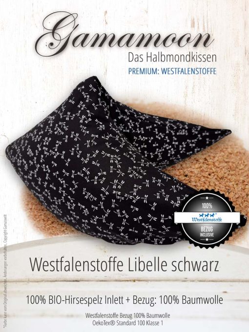 Gamamoon Libelle schwarz mit Westfalenstoffe Bezug Bio Hirsespelzkissen