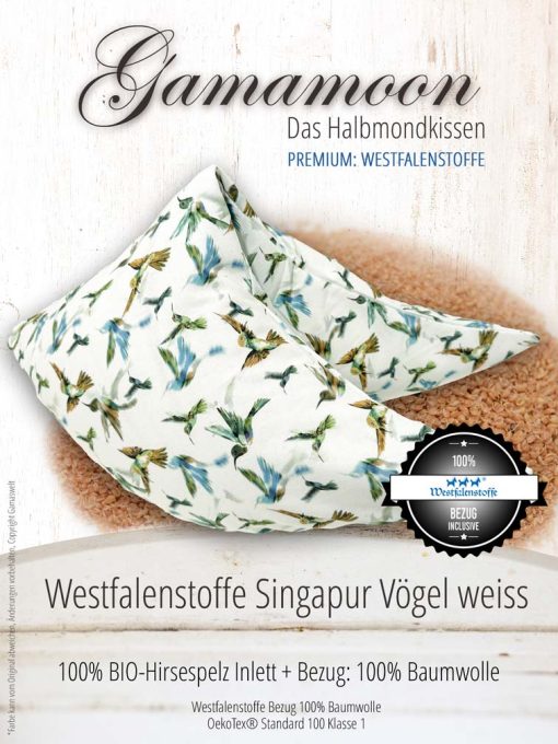 Gamamoon Singapur Vögel weiss mit Westfalenstoffe Bezug Bio Hirsespelzkissen