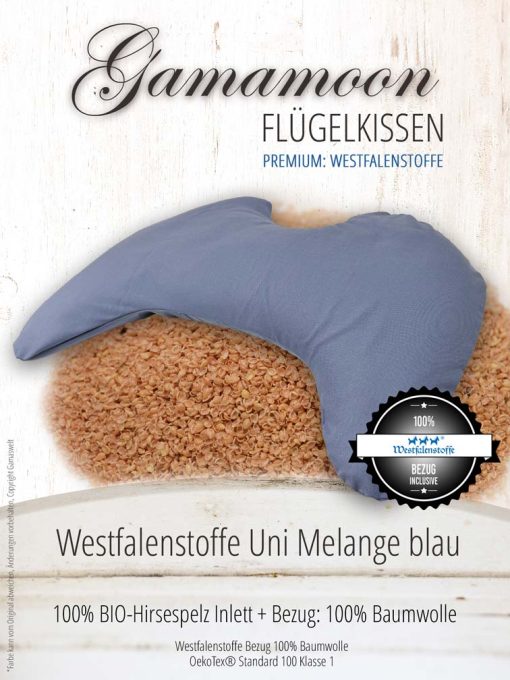 Flügelkissen Uni Melange blau mit Westfalenstoffe Bezug Bio Hirsespelzkissen