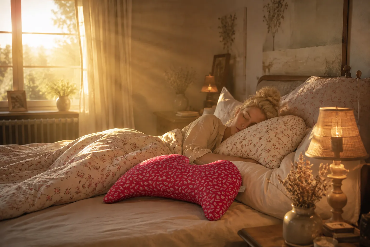 Frau schläft im Morgenlicht – Gamas Welt Flügelkissen mit Bio-Hirsespelz auf dem Bett