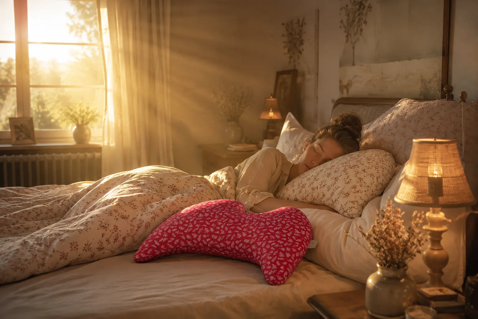 Frau schläft im Morgenlicht – Gamas Welt Flügelkissen mit Bio-Hirsespelz auf dem Bett