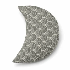 Halbmondförmiges Yogakissen (Halbmond-Zafu) mit Hirsespelz-Füllung in Salbeigrün mit cremeweißem Fächermuster, Halbmondform frontal